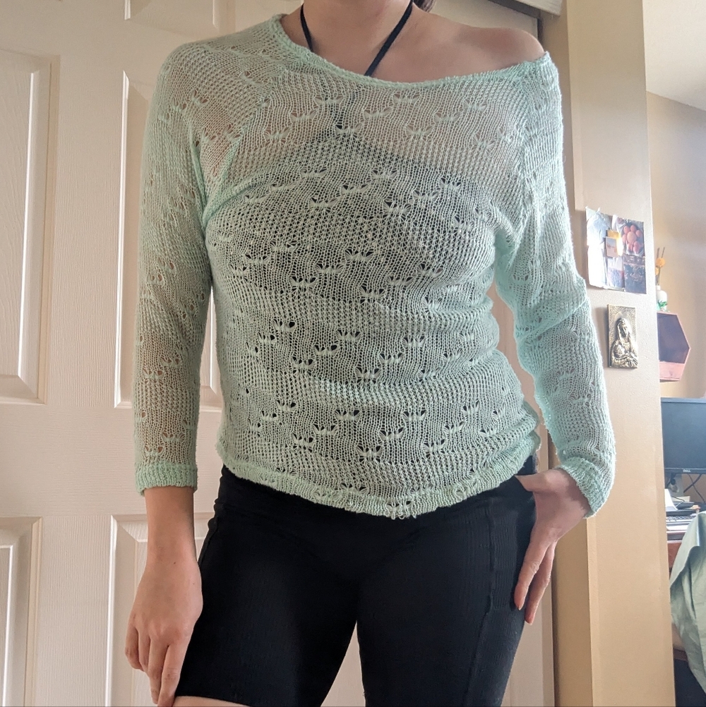 Open Knit Off the Shoulder Sweater - Mint Green